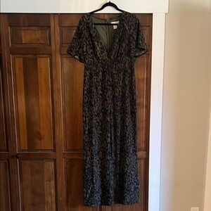 Olive Green Leopard-Print V-Neck Jumpsuit